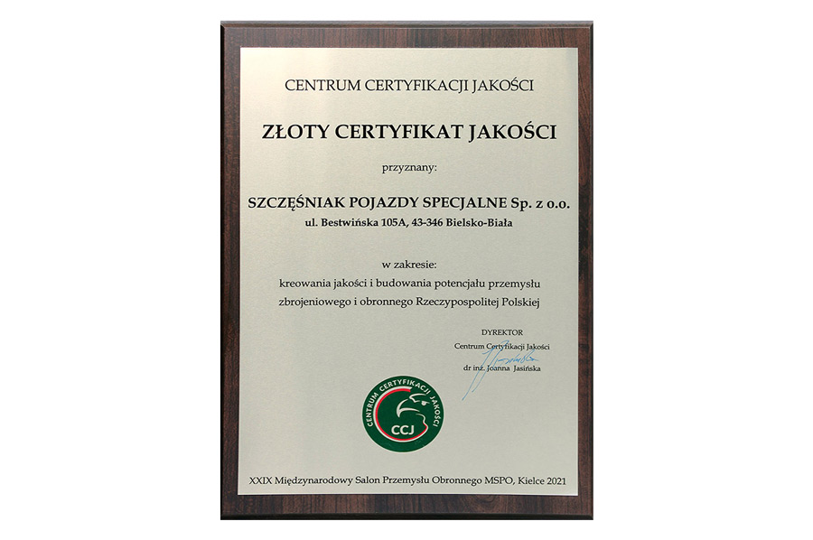 Szczęśniak Pojazdy Specjalne Sp. z o.o. wyróżniony Złotym Certyfikatem Jakości
