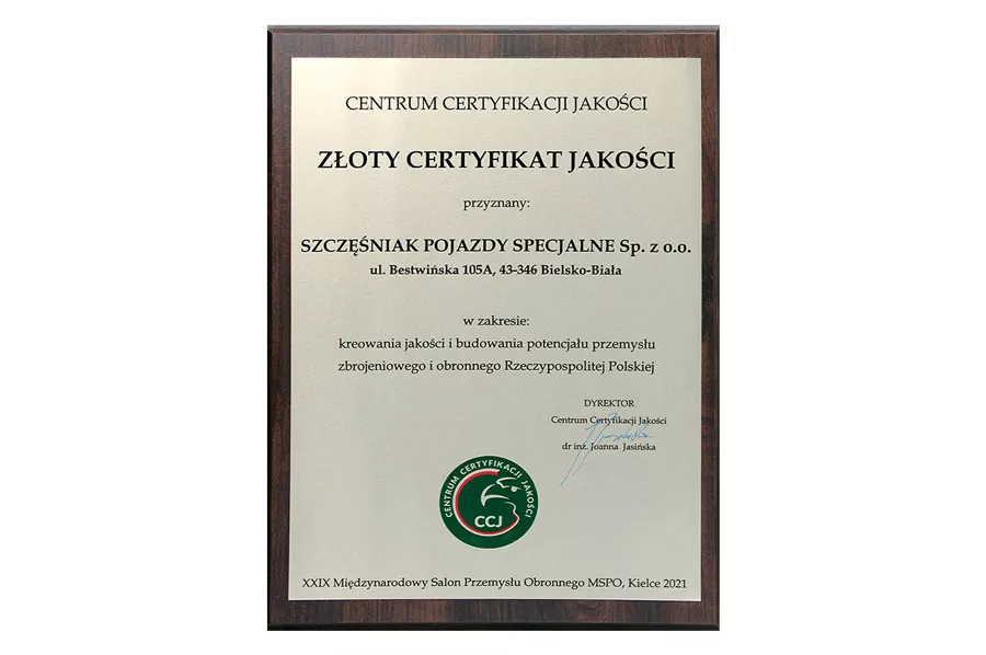 SZCZĘŚNIAK Pojazdy Specjalne Sp. z o.o. wyróżniony Złotym Certyfikatem Jakości